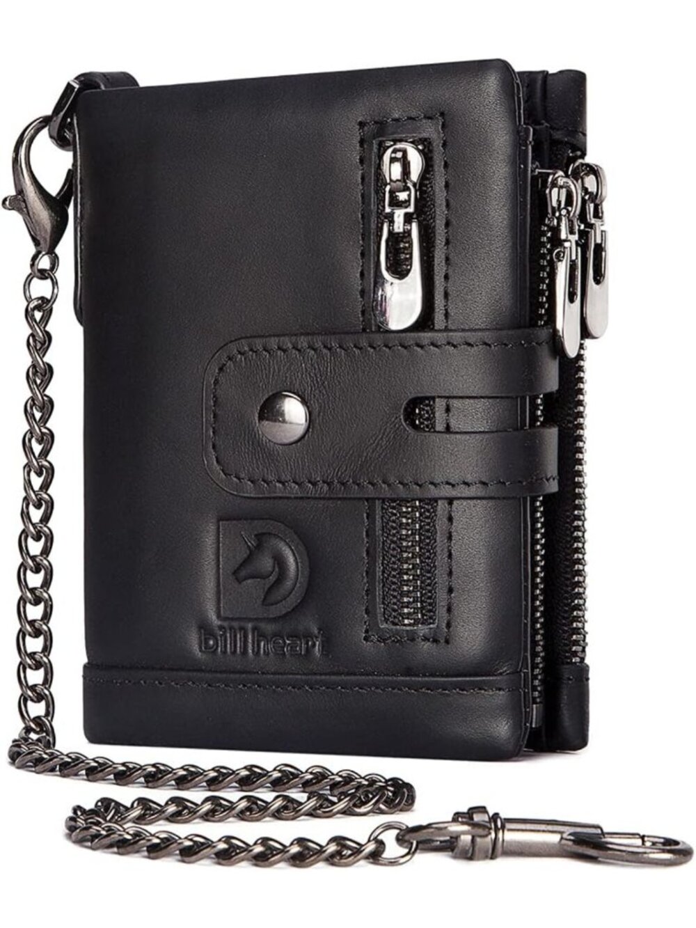 Genuine Leather Men's Wallet with Chain, RFID Blocking, Bifold, Double Zipper